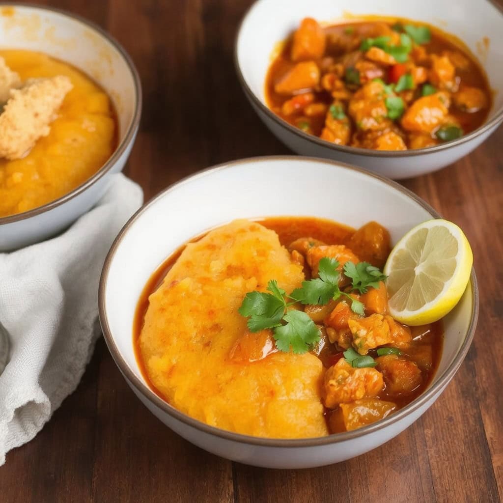 Soft and golden sweet potato fufu served alongside a vibrant vegetable stew in a rich tomato sauce, garnished with fresh cilantro and a wedge of lemon
