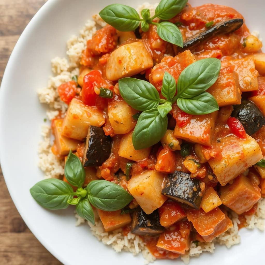 Fargerik ratatouille med fullkornsris, Hvordan lage sunn ratatouille, Enkle steg for perfekt ratatouille, Grønnsaksrik middag med fullkornsris, Lavkalori ratatouille oppskrift for alle, Ratatouille med squash og aubergine, Steg for steg ratatouille med ris, Vegansk ratatouille med fullkornsris, Enkel og sunn grønnsaksrett, Balansert måltid med ratatouille og ris, Oppskrift på ratatouille for nybegynnere, Middelhavsinspirert ratatouille med ris, Hvordan koke perfekt fullkornsris, Ratatouille med smak av provencekrydder, Lettvint oppskrift på ratatouille, Lavkarbo ratatouille uten ris, Hvordan variere ratatouille oppskriften, Sunn middag med ratatouille og ris, Hva passer til ratatouille, Ratatouille til lunsj eller middag.