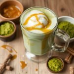 salt karamell-matcha latte, sunn latte, matcha latte, karamell latte, plantebasert latte, luksuriøs latte, kremet latte, havremelk latte, mandelmelk latte, sukkerfri latte, høst latte, sunn karamell latte, grønn matcha latte, latte oppskrift, enkel latte