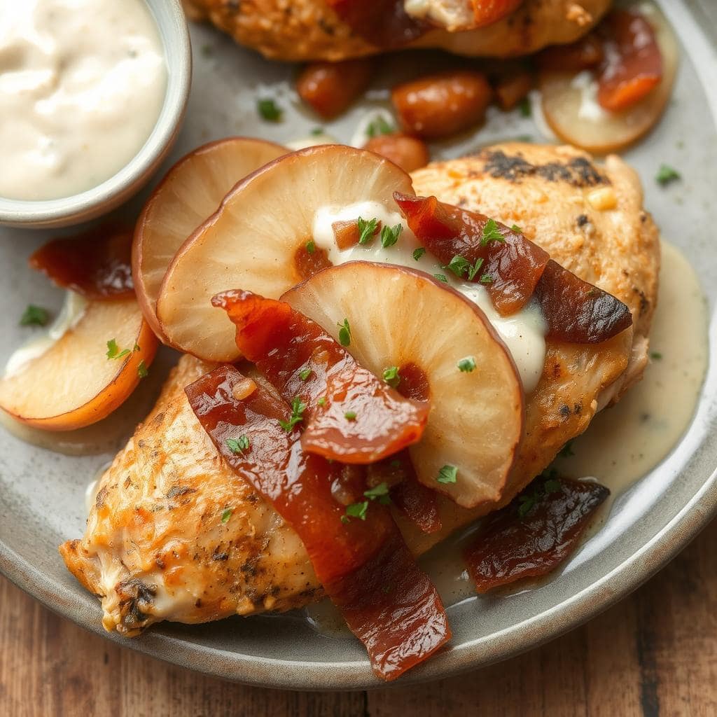 Kylling med eple og bacon, fylt kyllingfilet, høstoppskrift med kylling.