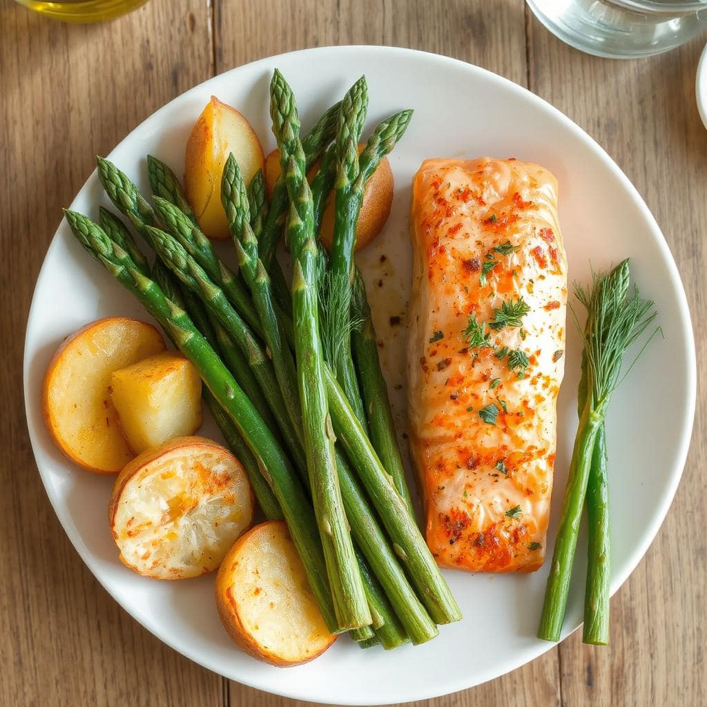 Laks med potetbåter og asparges: En sunn og smakfull middag med ovnsbakt laks og friske grønnsaker.