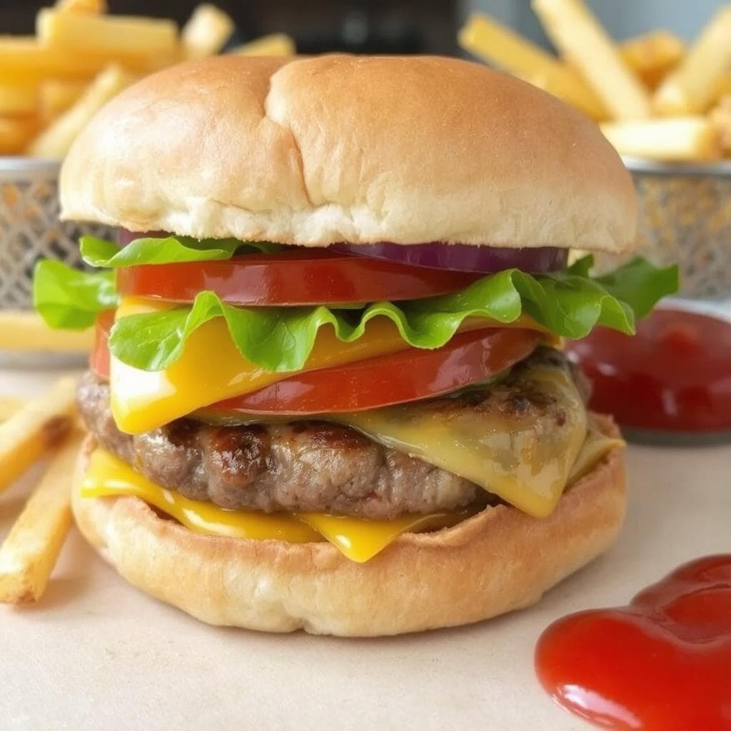 Hamburger
Oppskrift: Saftig Hjemmelaget Med Friske Grønnsaker og Myk Burgerbrød