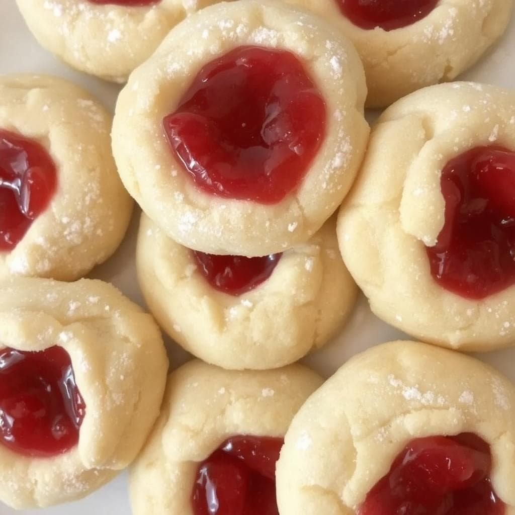 Syltetøygrotter med bringebær, småkaker med syltetøy, smørmøre syltetøykaker.