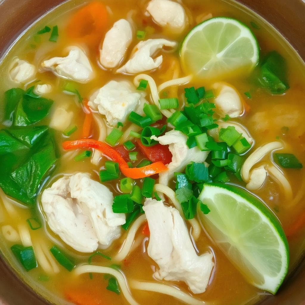 Nudelsuppe
med Kylling oppskrift: Enkel rett med balanserte og friske smaker Nudelsuppe med kylling oppskrift, enkel nudelsuppe til middag, hjemmelaget kyllingsuppe med nudler, aromatisk buljong med ingefær og hvitløk, nudelsuppe med grønnsaker og lime, sunn og smakfull middag med kylling, komfortmat for kalde dager, hvordan lage nudelsuppe fra bunnen, lett og næringsrik middag med kylling, kyllingsuppe som varmer