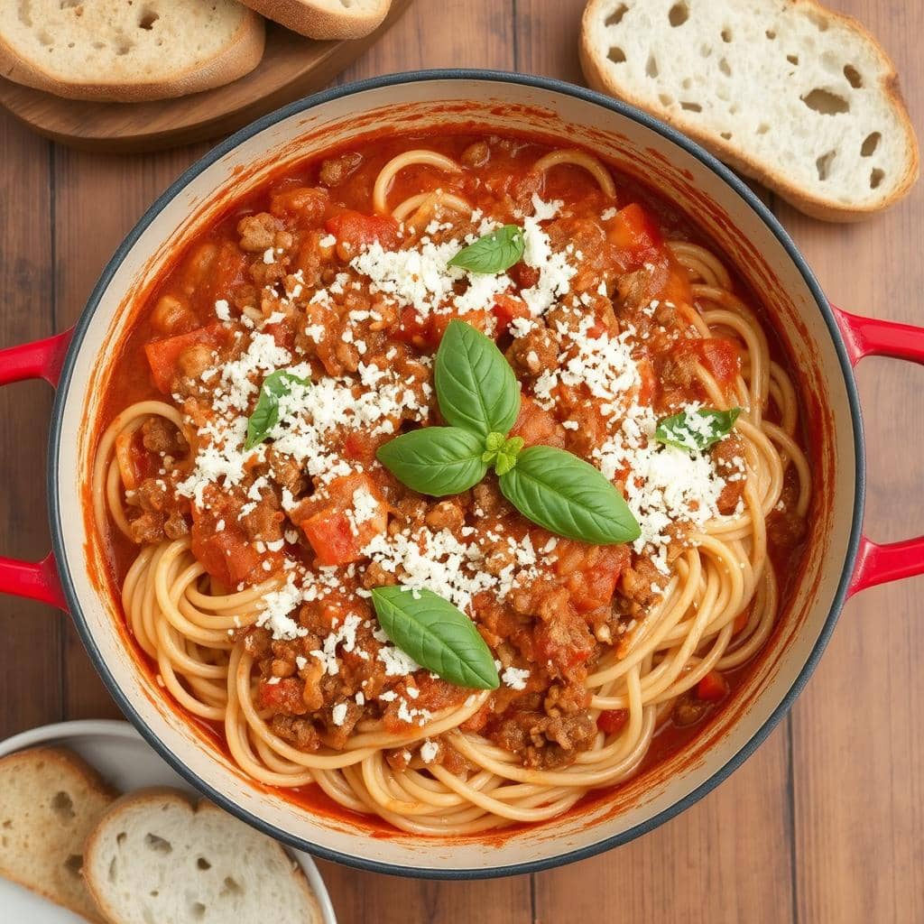 Spagettigryte
oppskrift: Enkel alt-i-ett-rett med kjøtt, tomatsaus og spaghetti