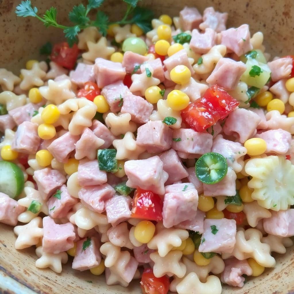 Skinke-
og Pastasalat oppskrift: Rask og smakfull rett med pasta og grønnsaker
