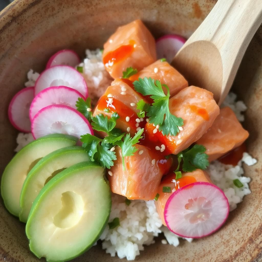 Poke
Bowl med Laks oppskrift: Sunn rett med marinert laks, ris og friske
grønnsaker