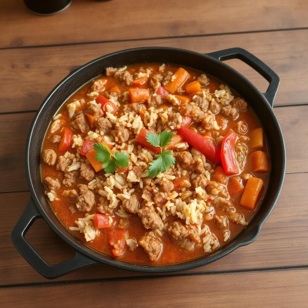 Kjøttdeig og ris-gryte: En enkel og smakfull middag med saftig kjøttdeig og krydret tomatsaus.