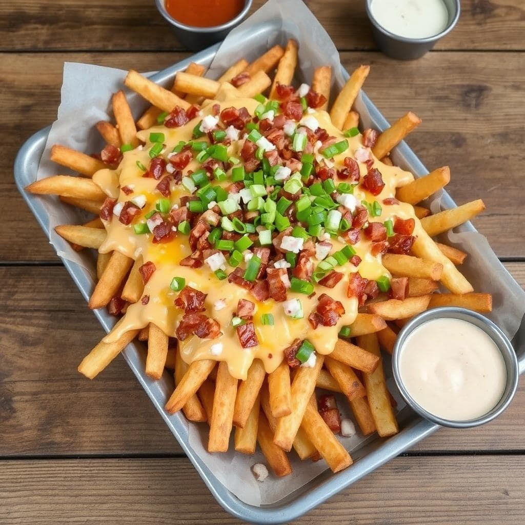 Dirty fries oppskrift, ostefries med kjøtt, loaded fries, krydrede pommes frites.