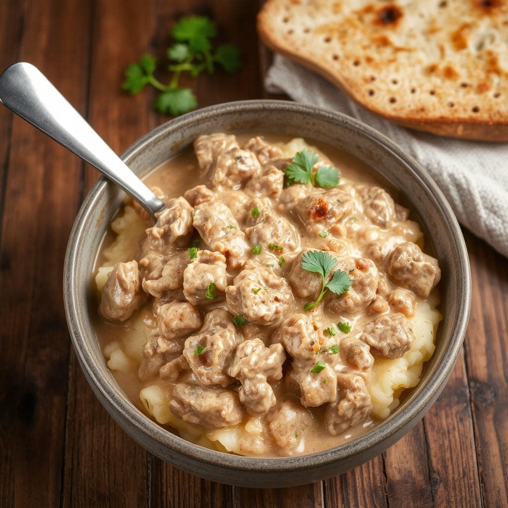 Stroganoff med kjøttdeig oppskrift, enkel stroganoff, kremet kjøttdeiggryte, middag på 30 minutter.