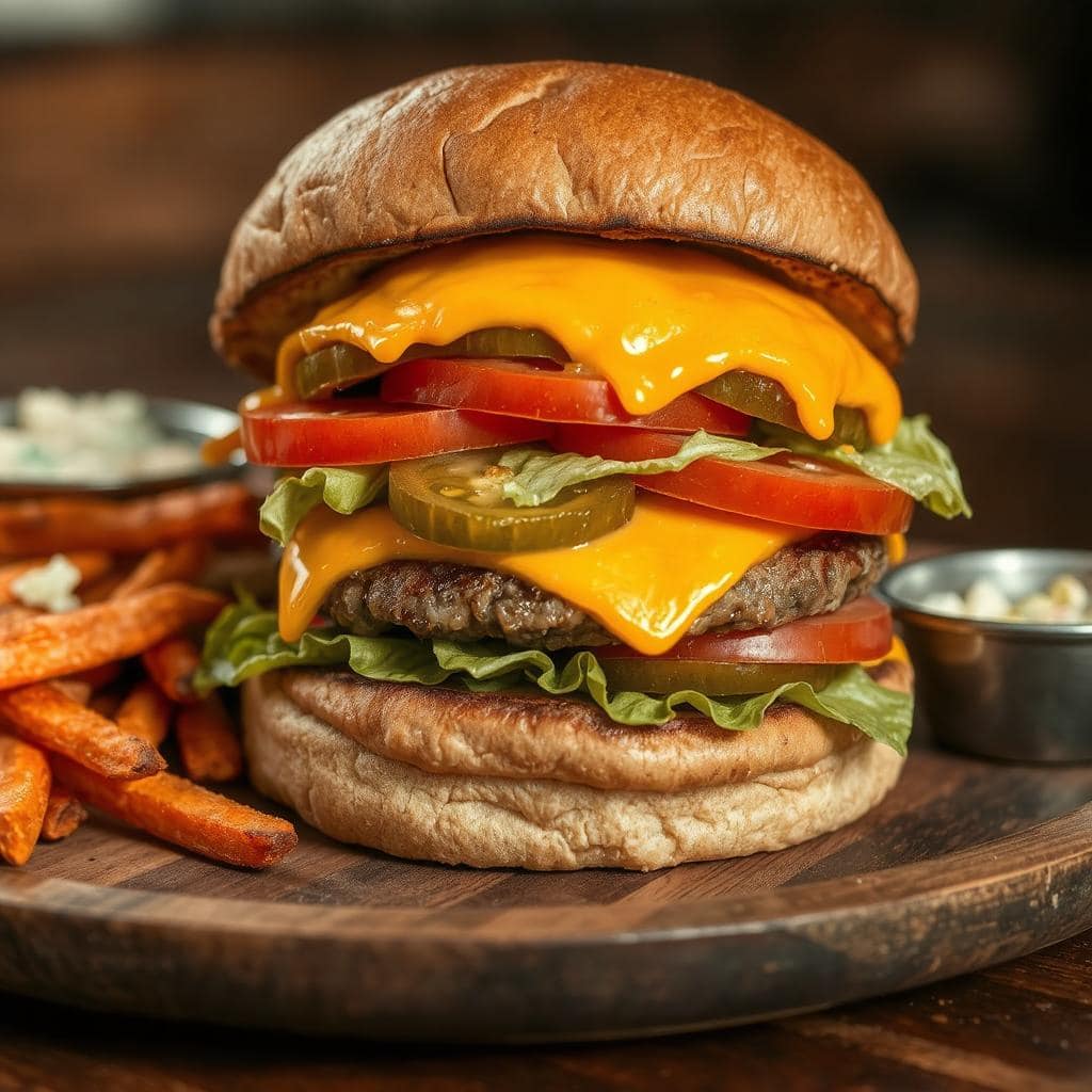 Cheeseburger
Oppskrift: Saftig Hjemmelaget Med Smeltet Ost og Friske Grønnsaker