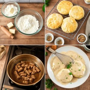 Kjeks og saus (Biscuits and Gravy) med kremet pølsesaus, klassisk oppskrift på amerikanske kjeks med saus, hvordan lage saftige kjeks hjemme enkelt, hjemmelaget kremet saus med pølse og svart pepper, luftige kjeks med smør og flakete tekstur, glutenfrie kjeks med alternativt mel og pølsesaus, kjeks med saus til frokost eller brunsj, oppskrift på kjeks og saus med trinnvis guide, sunnere kjeks og saus med magert kjøtt og lettmelk, kjeks med sprø skorpe og kremet saus, tips til perfekt hvit saus med jevn konsistens, kjeks med pølsesaus og et hint av cayennepepper, kjeks og saus servert med stekte egg, hvordan lage kjeks med kulturmelk for ekstra mykhet, tradisjonell «Southern» kjeks og saus som komfortmat, kjeks og saus til en mettende og smakfull helgefrokost.