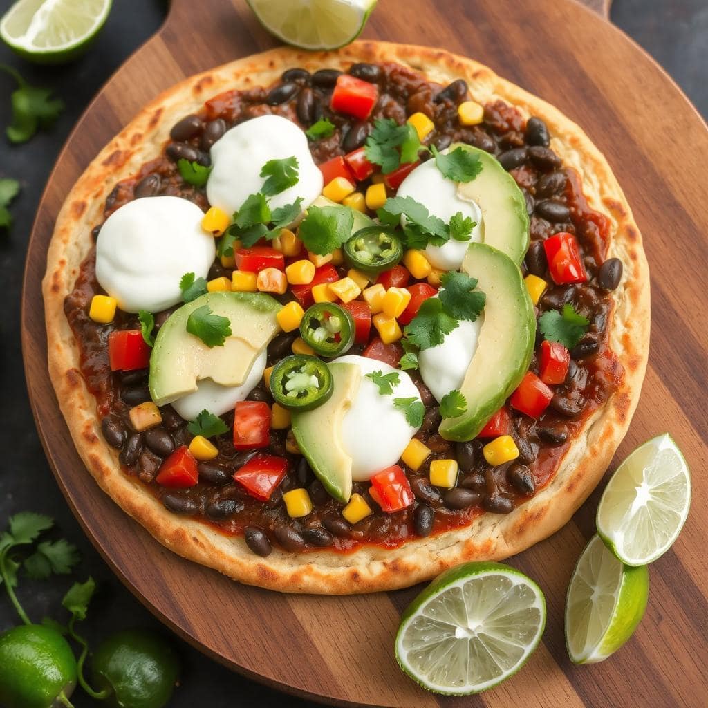 Mexikansk pizza med krydret bønner oppskrift, Sunn og smakfull mexikansk pizza, Pizza med jalapeños og frisk avokado, Enkel hjemmelaget pizza med krydret topping, Vegetarisk pizza med bønner og jalapeños, Hvordan lage mexikansk pizza hjemme, Glutenfri mexikansk pizza med avokado, Sunn pizza med meksikanske smaker, Jalapeños pizza med krydret bønner, Vegetarpizza med bønner og jalapeños, Langtidsstekt mexikansk pizza med avokado, Pizza med salsa og krydret topping, Mexikansk pizza uten ost alternativ, Krydret pizza for tacoelskere, Enkel middag mexikansk pizzaoppskrift, Sunn pizza med chili og jalapeños, Hjemmelaget mexikansk pizza med guacamole, Glutenfri vegetarpizza med bønner, Sunn middag oppskrift på mexikansk pizza, Pizza med avokado og sterk salsa.