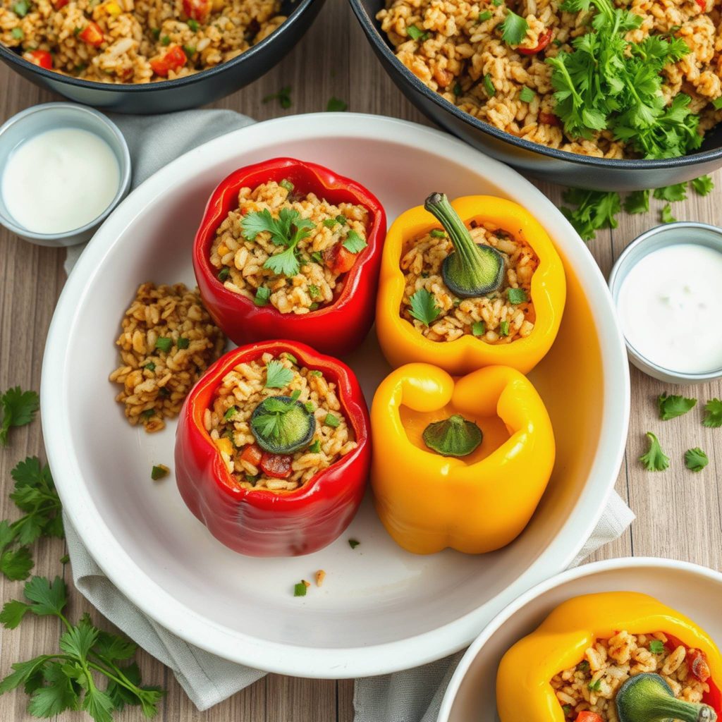 Ovnsbakte fylte paprika med krydret ris og grønnsaker