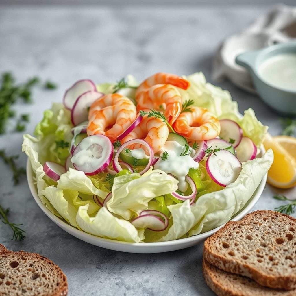 Sprø isbergsalat med håndpillede reker og sitrondressing