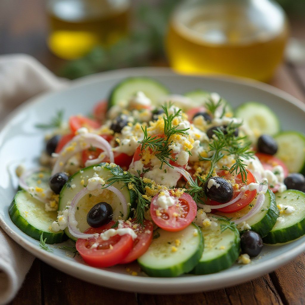 Frisk greskinspirert agurksalat med urter og yoghurtvinaigrette