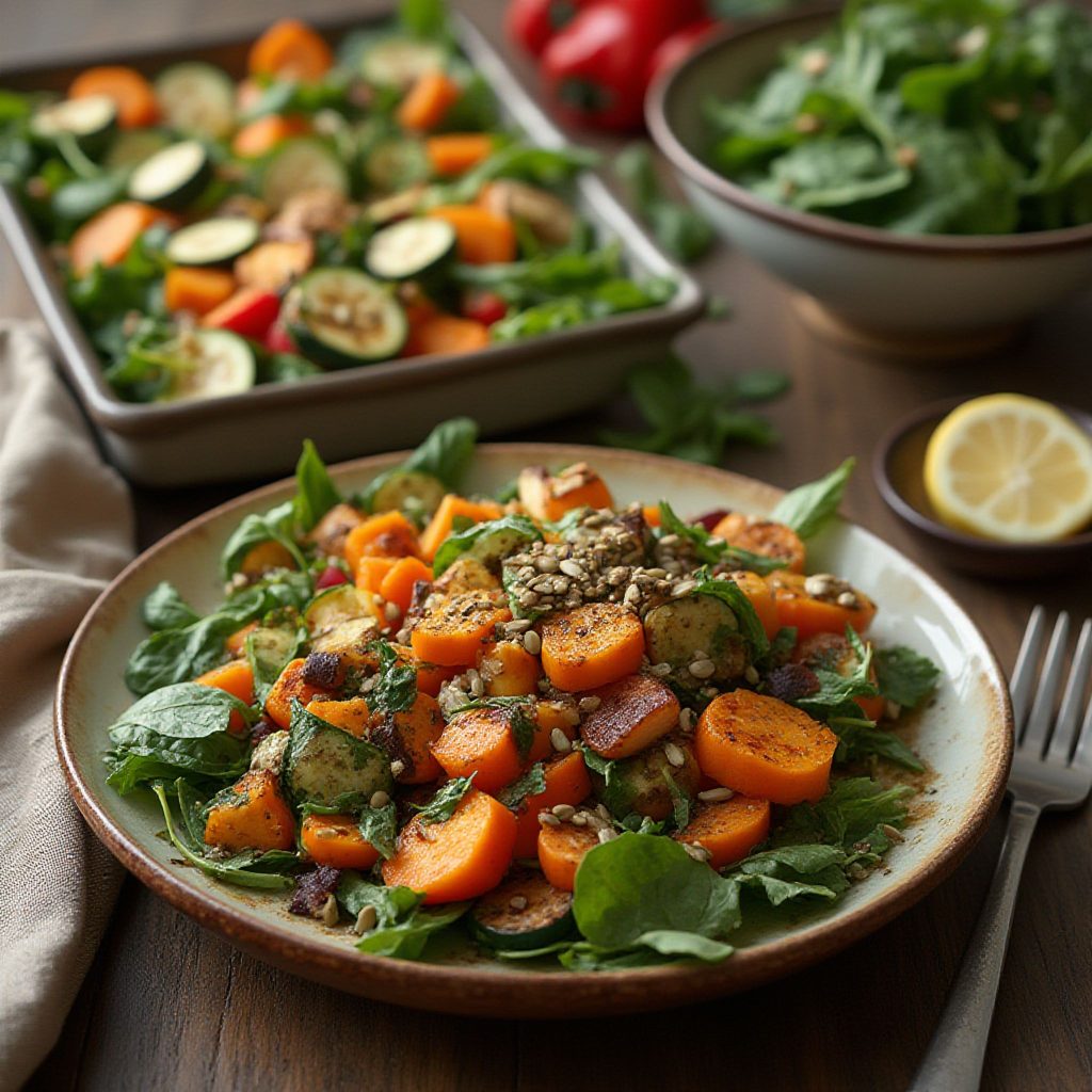 Saftig kombisalat med grillede grønnsaker og frisk spinat