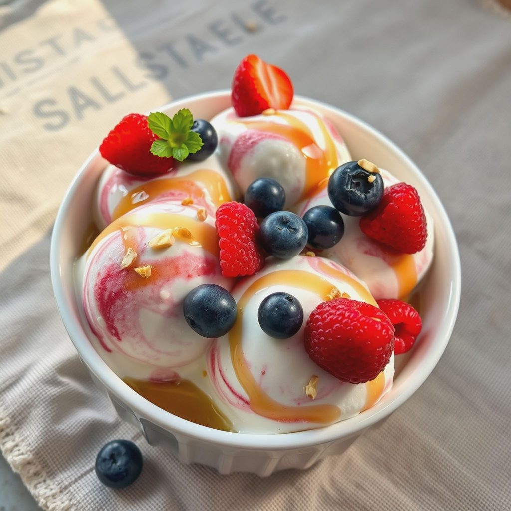 Fløyelsmyk frossen yoghurt med honning og friske bær