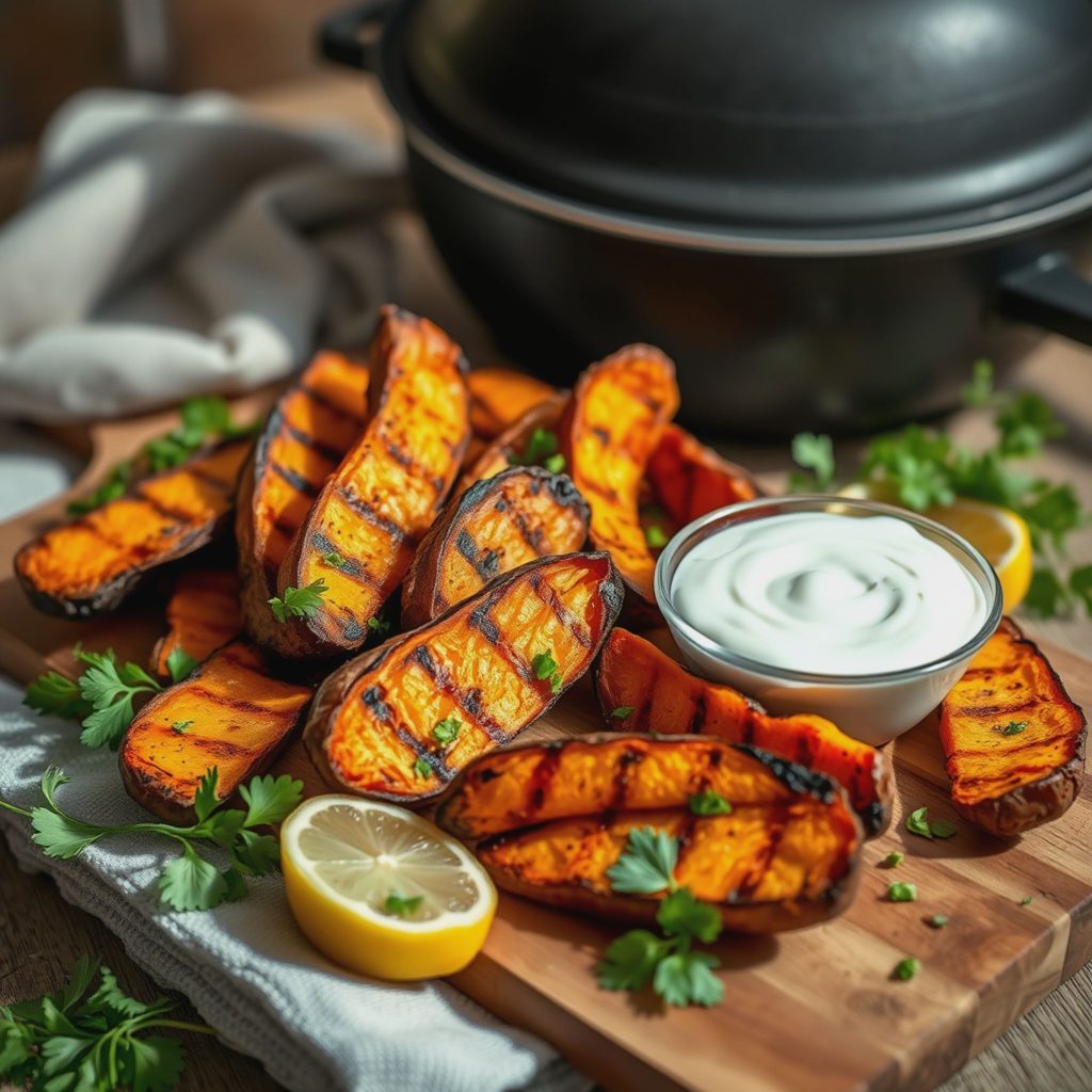 Sprø grillede søtpotetbåter med kremet urtedip