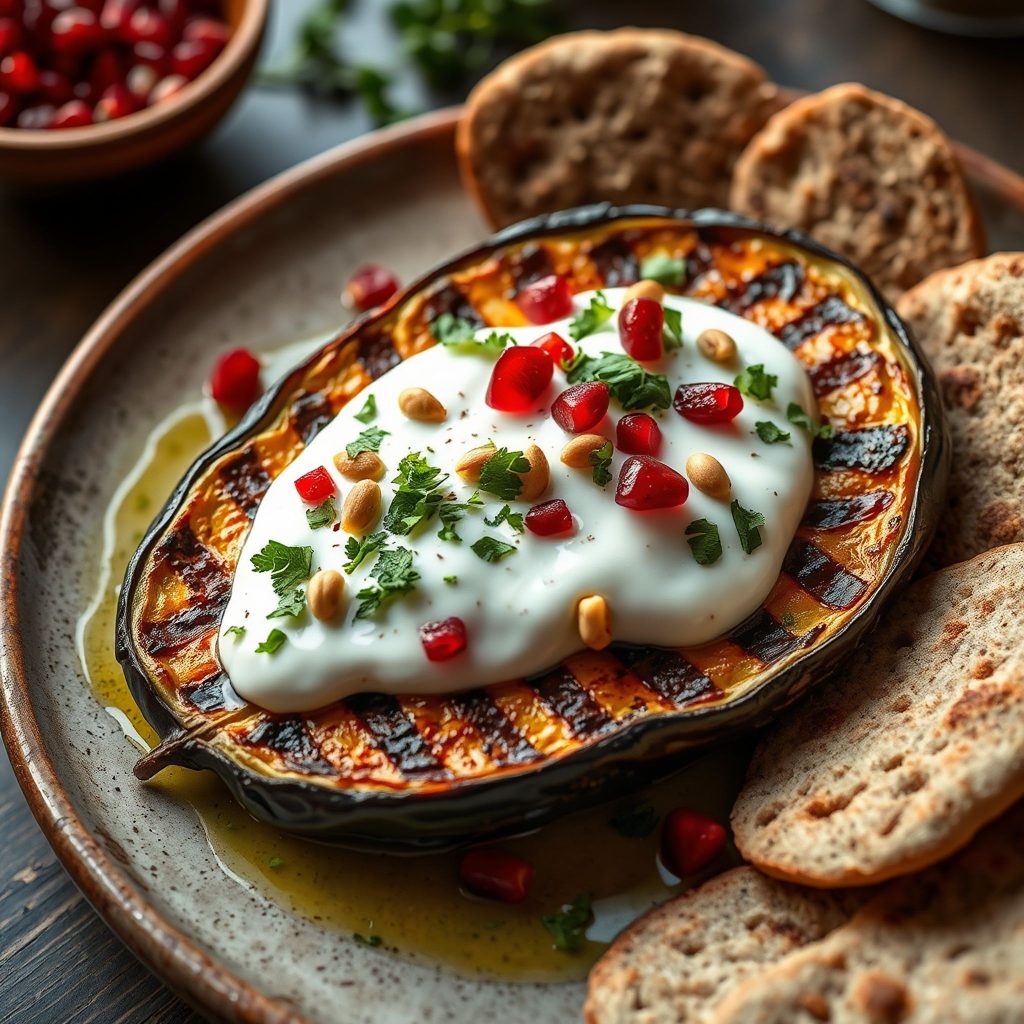Fløyelsmyk grillet aubergine med krydret yoghurt og urter