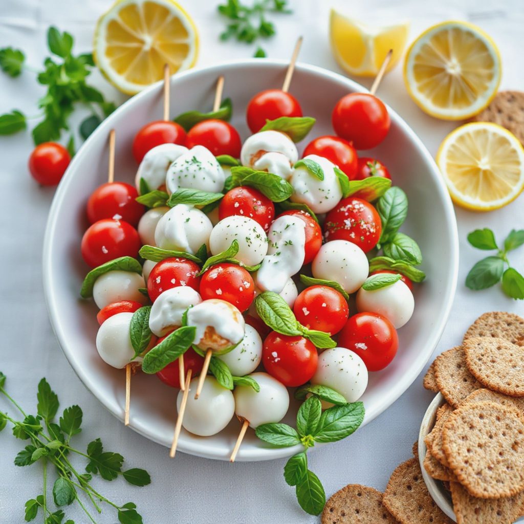 Friske caprese-spyd med urteyoghurt og cherrytomater