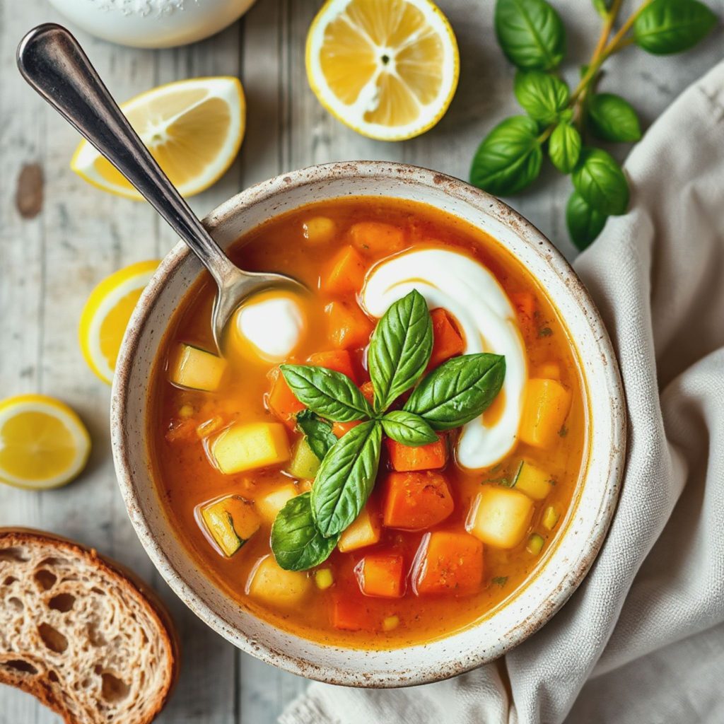 Sommerlig minestronesuppe med fargerike grønnsaker og urtekraft