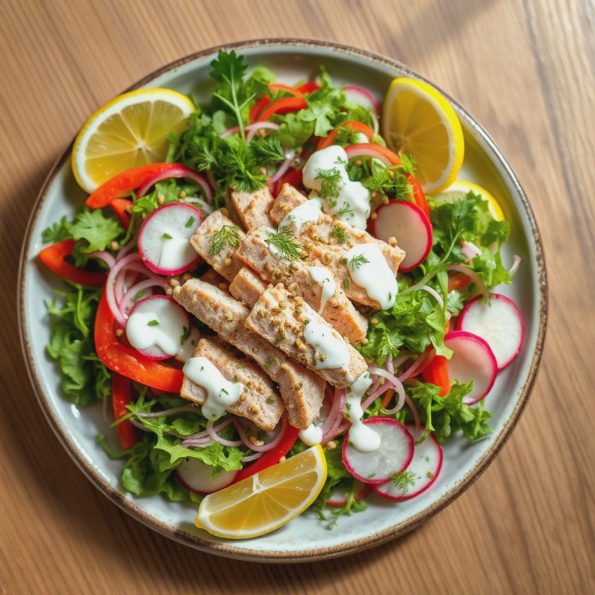 Frisk og proteinrik tunfisksalat med sprø grønnsaker og urtedressing