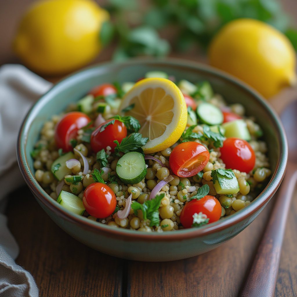 Frisk linse- og bulgursalat med sitron, mynte og rødløk