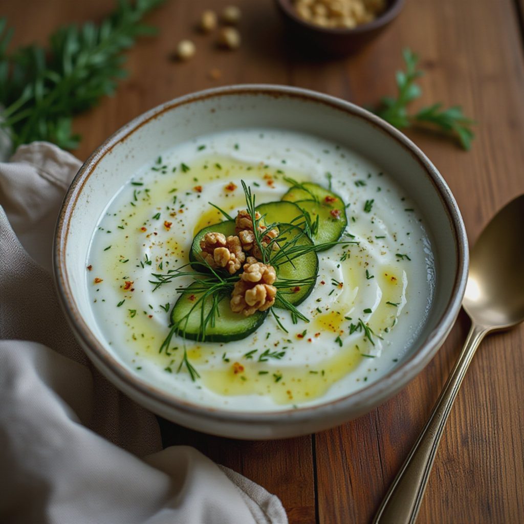 Kremet avkjølt yoghurt- og agurksuppe med hvitløk og dill