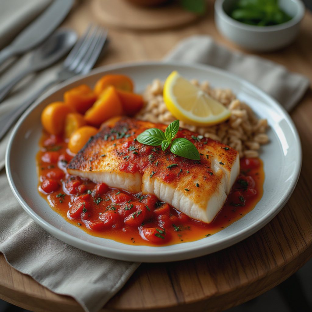 Saftig ovnsbakt torsk med aromatisk tomat- og urtesaus