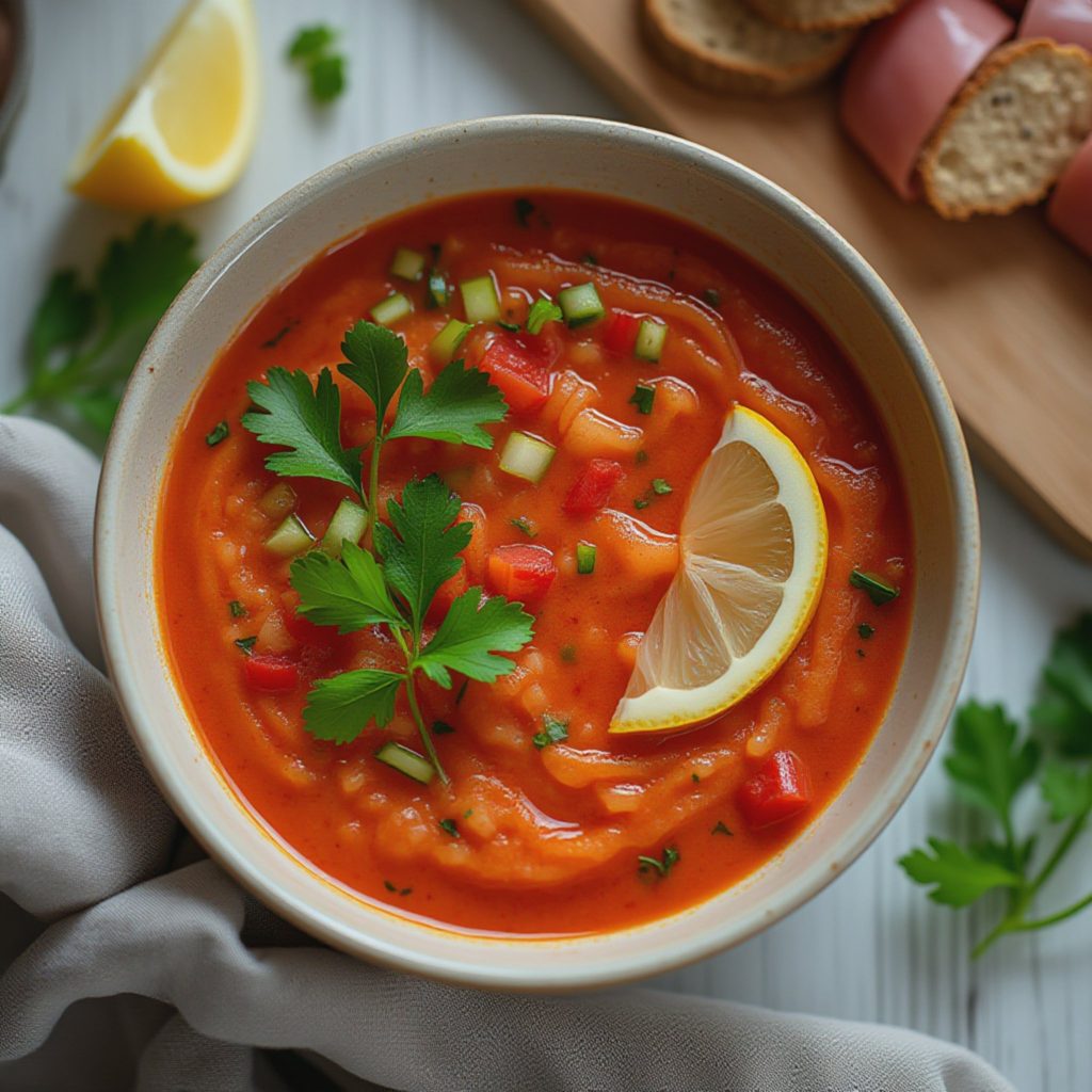 Fløyelsmyk gazpacho med tomat, agurk og paprika