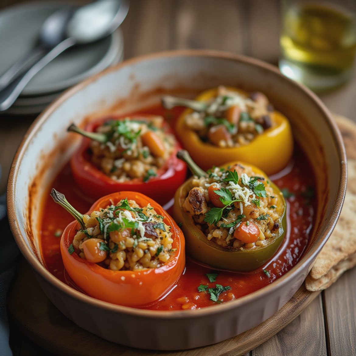 Saftige fylte paprika med urtekrydret ris og tomatsaus
