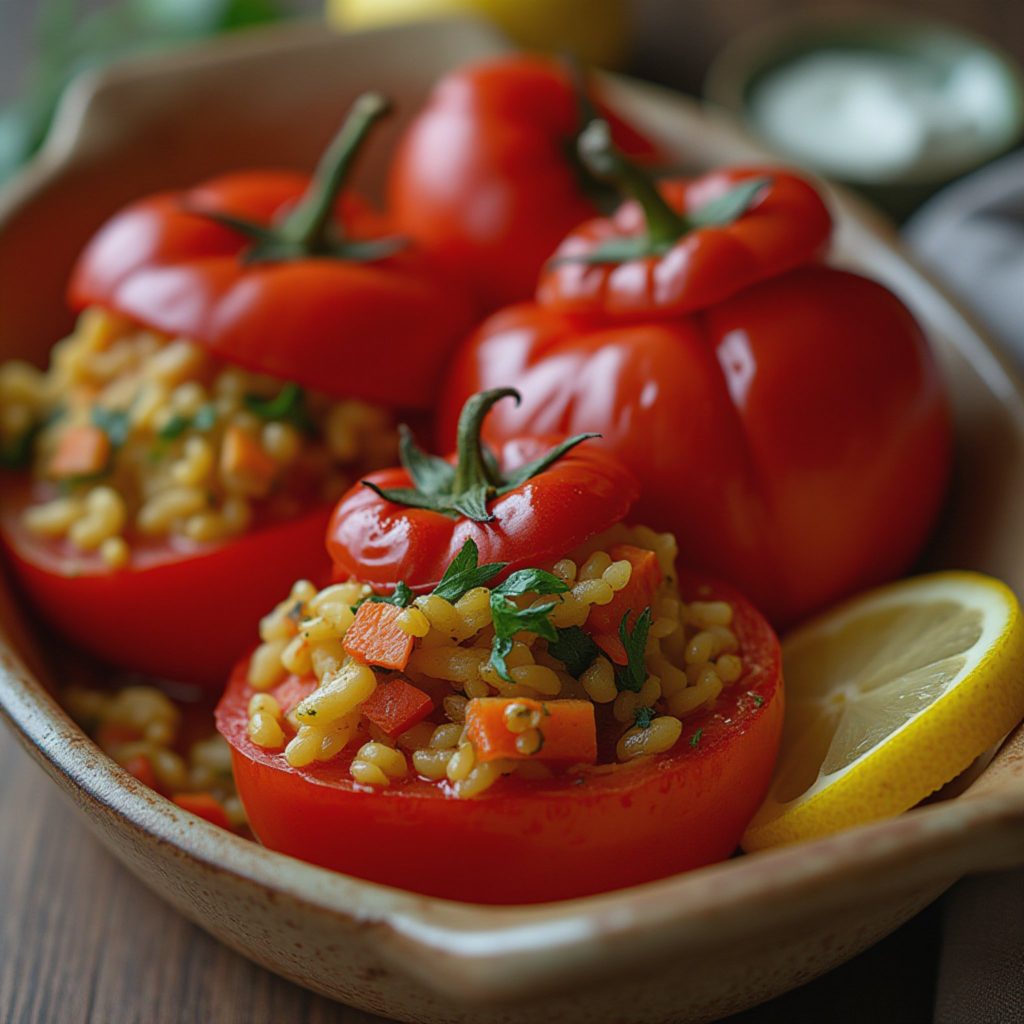 Saftige ovnstomater fylt med urtekrydret ris og grønnsaker