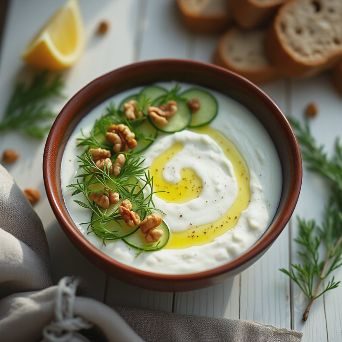 Dill og agurkdrøm – Kremet, kald tarator med sitron og urter