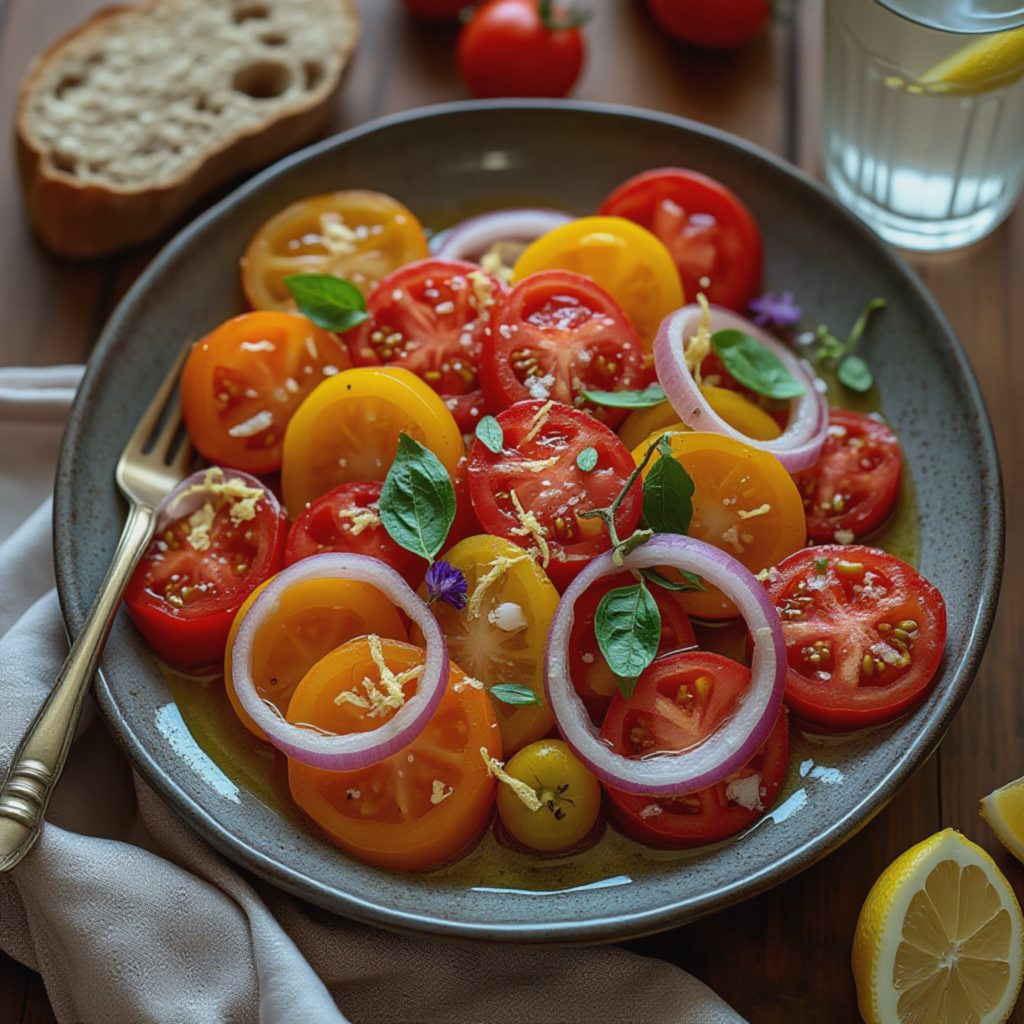 Landlig tomatsalat – Saftig og aromatisk med rødløk og frisk oregano