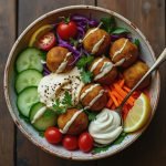 Bowl containing falafel balls, cucumbers, tomatoes, and various vegetables with sauces.