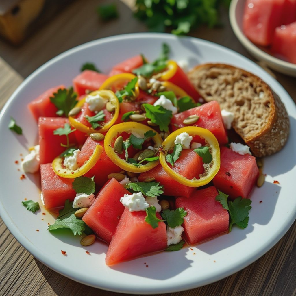 Avkjølt melonsalat med feta og persille – frisk og salt nytelse A plate of watermelon salad featuring feta cheese, herbs, and lemon slices.