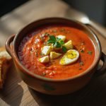 Bowl of tomato soup topped with sliced hard-boiled eggs and herbs on a wooden surface.