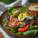 A mixed salad featuring sliced tomatoes, boiled eggs, olives, and greens on a plate.