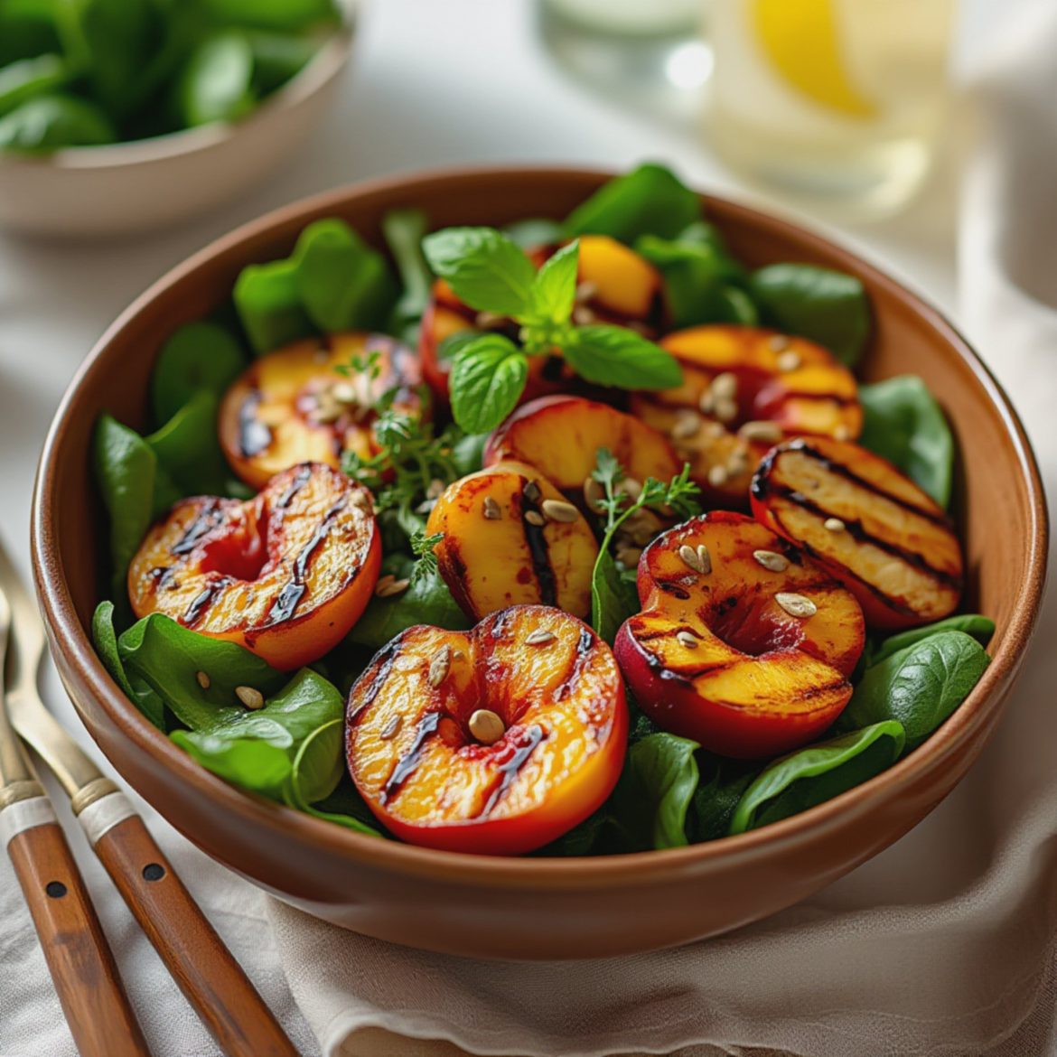 Fersken- og halloumisalat med balsamico og urteknekk Bowl of grilled peaches served on a bed of fresh spinach with herbs and seeds.