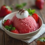 Bowl of strawberry sorbet topped with whipped cream and fresh strawberries on a wooden surface.