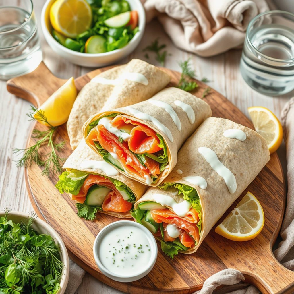 Friske grove wraps med røkt laks, urtedressing og sprø grønnsaker