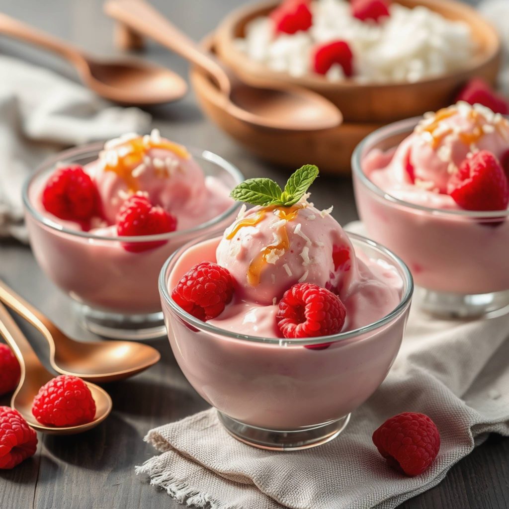 Frossen yoghurtis med bringebær og kokos – kremet, frisk og naturlig søt