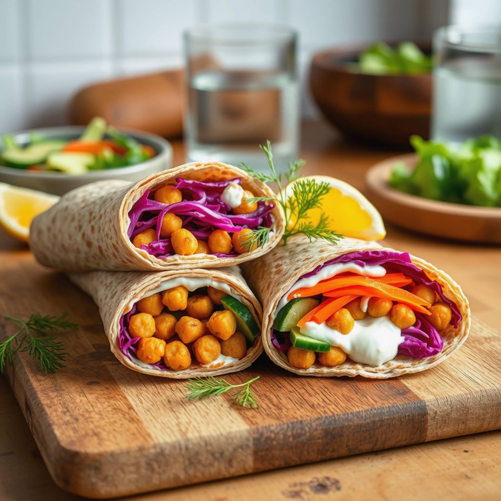 Grove kikertwraps med kremet tzatziki og sprø grønnsaker