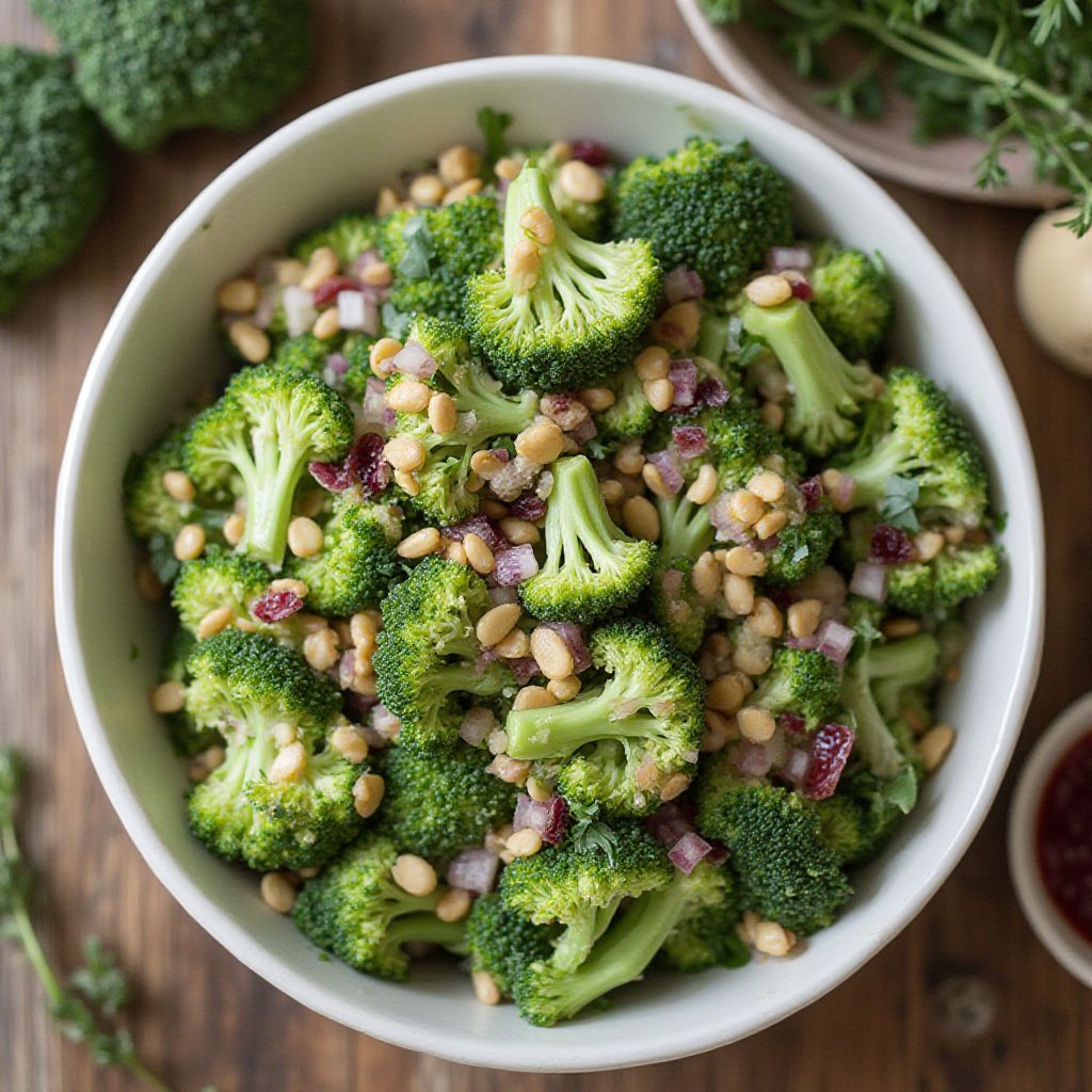 Kremet brokkolisalat med søtsyrlige tranebær og frisk yoghurtdressing